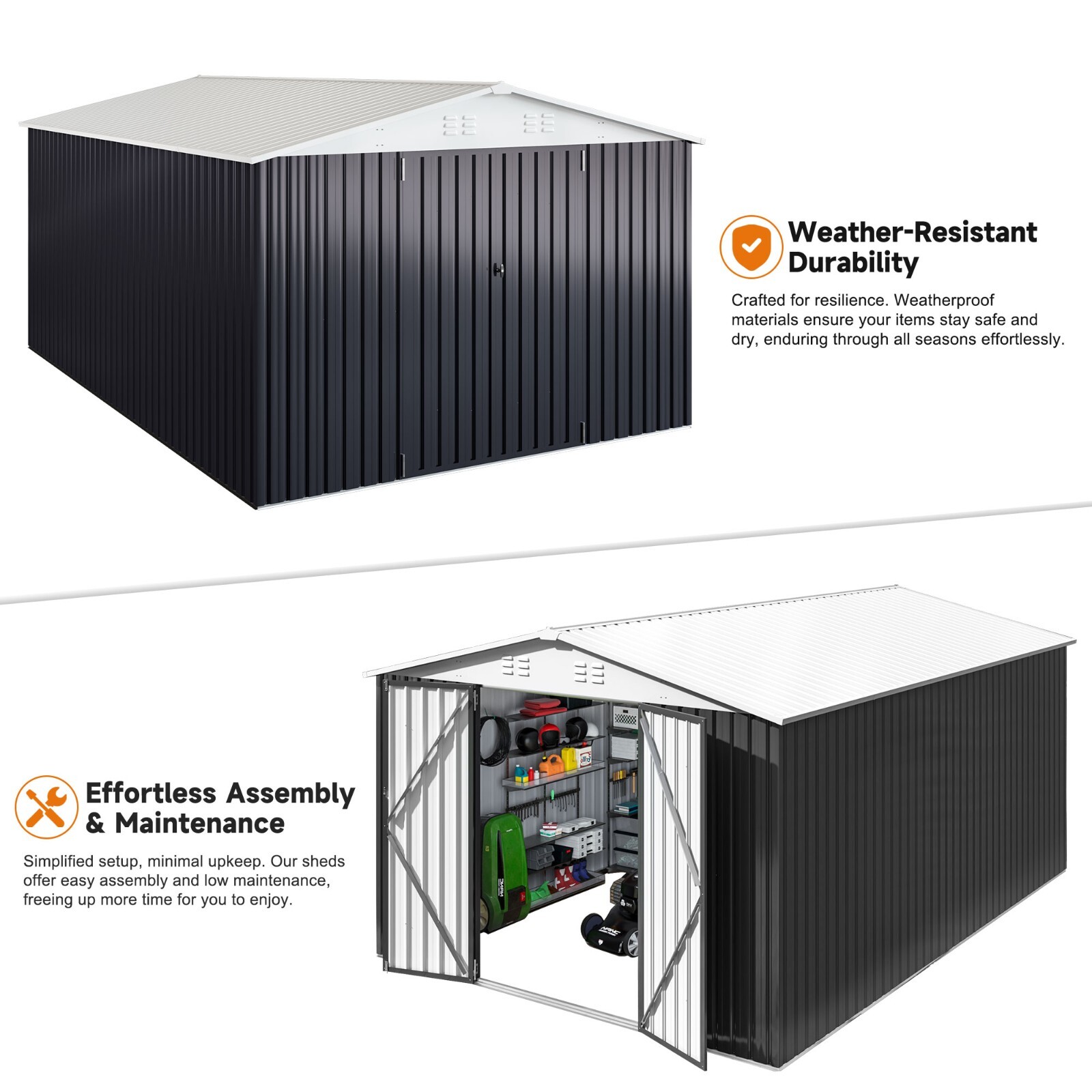 10x14FT Outdoor Metal Storage Shed with Durable Frame and Lockable Door, White