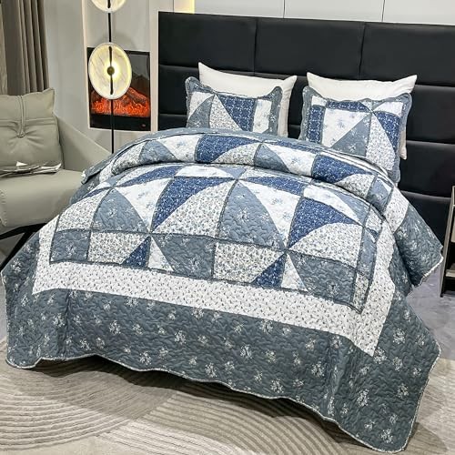 Patchwork Quilt Set Quilted Bedspread Coverlet Set 3-Piece King Size Grey
