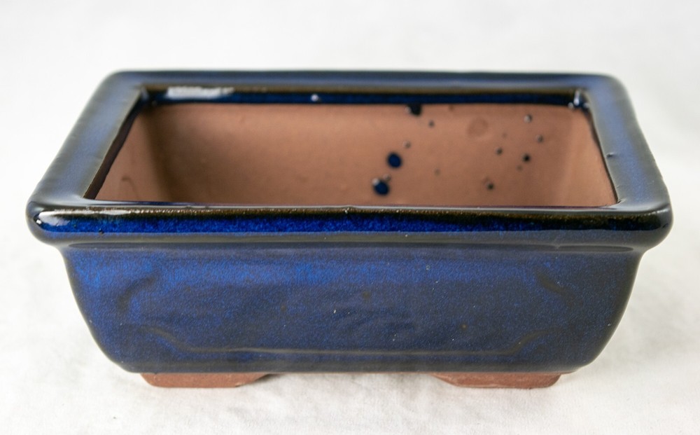 Rectangular Glazed Succulent, Bonsai Pot + Mesh + Wire 6"x 4.5"x 2.25" - Blue