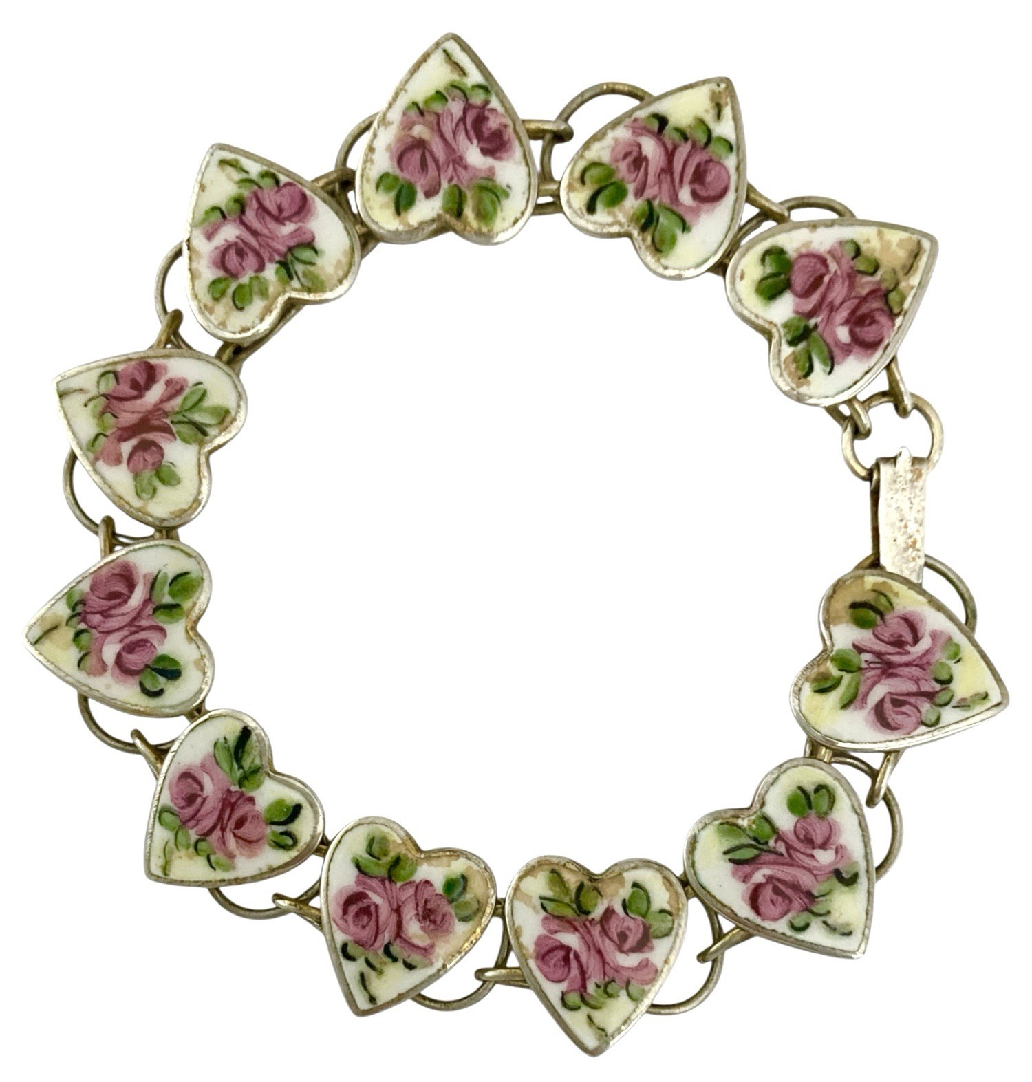 ANTIQUE ART DECO Sterling Gold Vermeil PINK ROSE SWEETHEART Link Bracelet