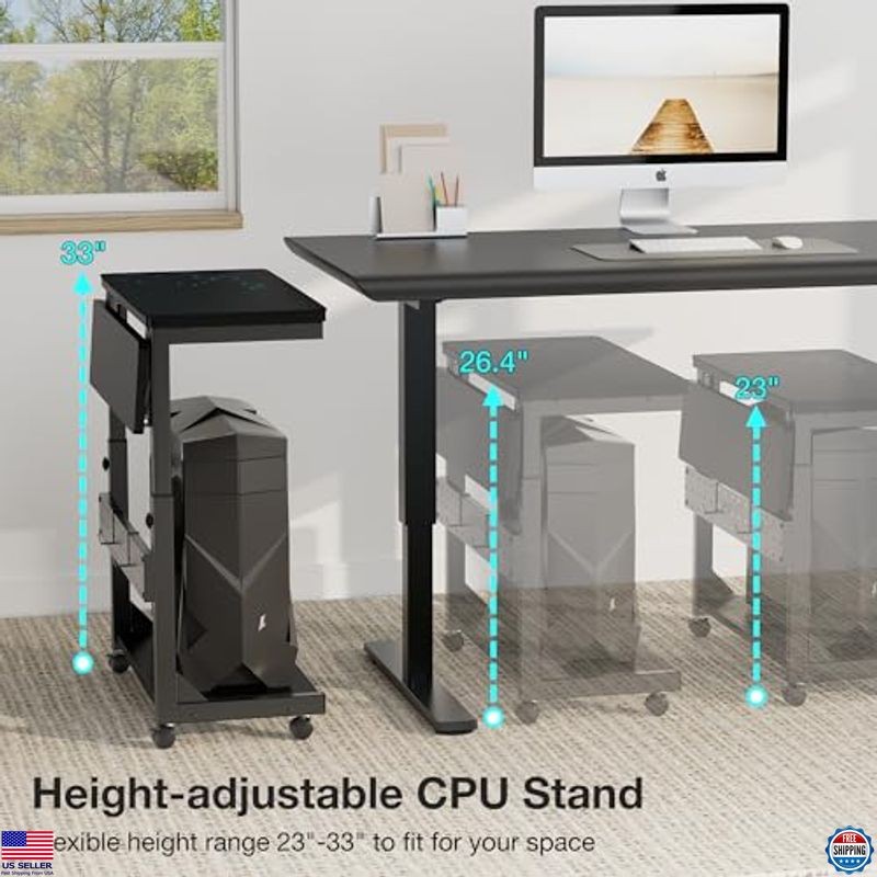 Height-Adjustable 2-Tier Computer Tower Stand with Rolling Wheels & Mouse Pad