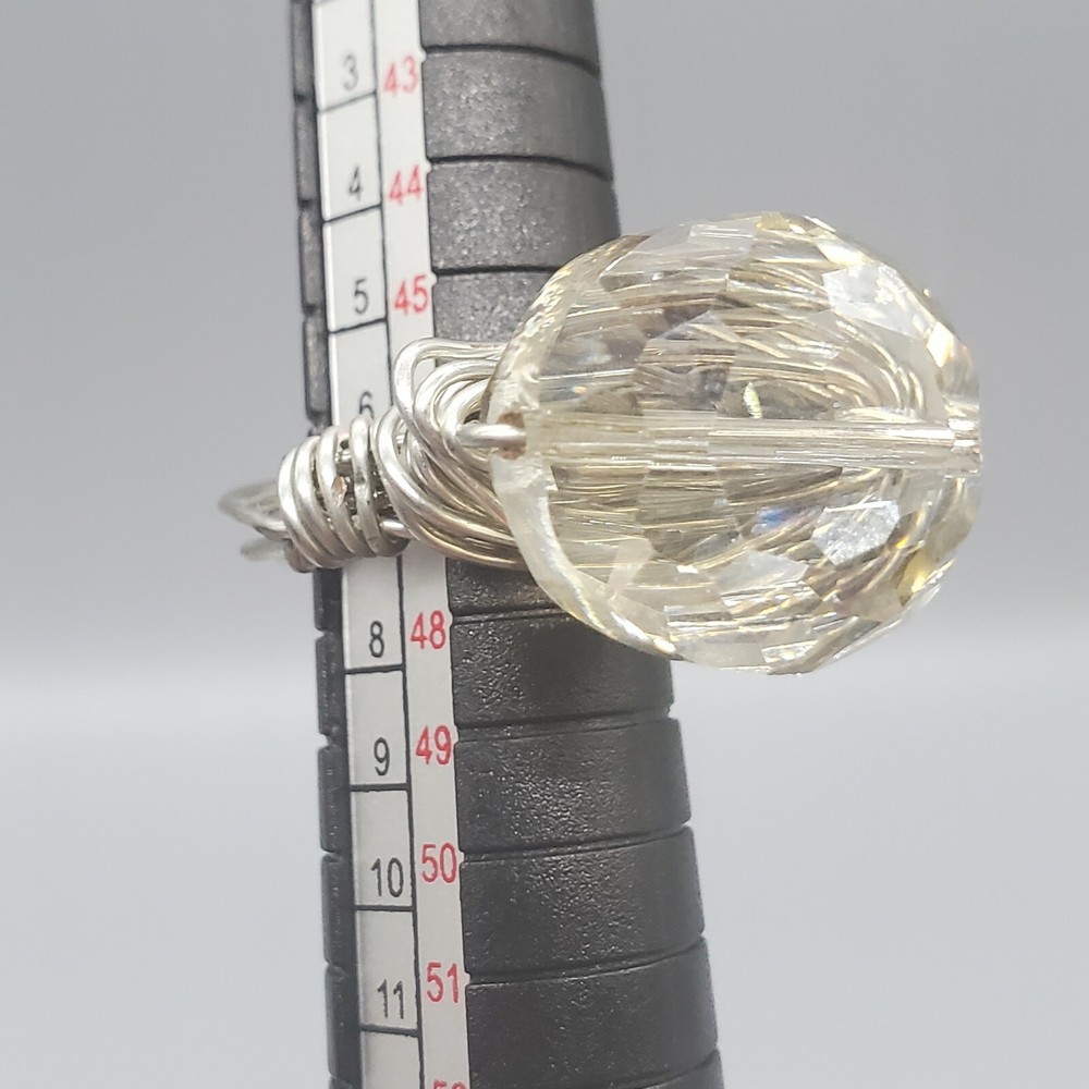 Wire Wrapped Rhinestone Ring Size 4 Silver Tone Handmade Clear Rough Cut