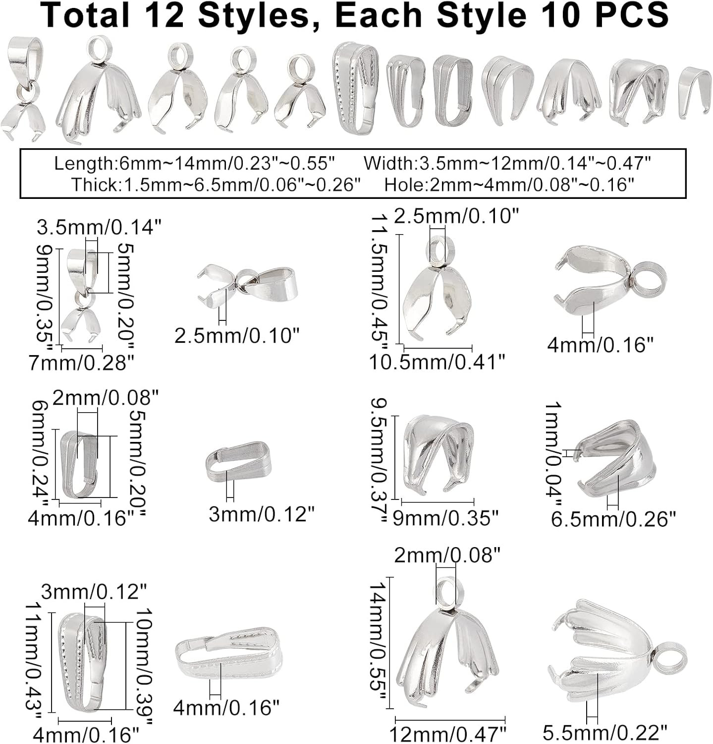 120Pcs Stainless Steel Pinch Bails for DIY Jewelry Charms and Pendants