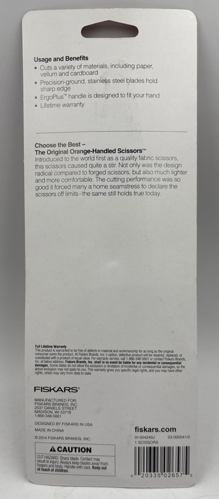 Fiskars Long Lasting All Purpose Scissors, 8 inches. New