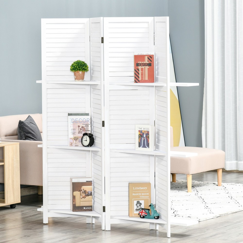 4 Panel Privacy Screen, Room Divider with 3 Shelves White