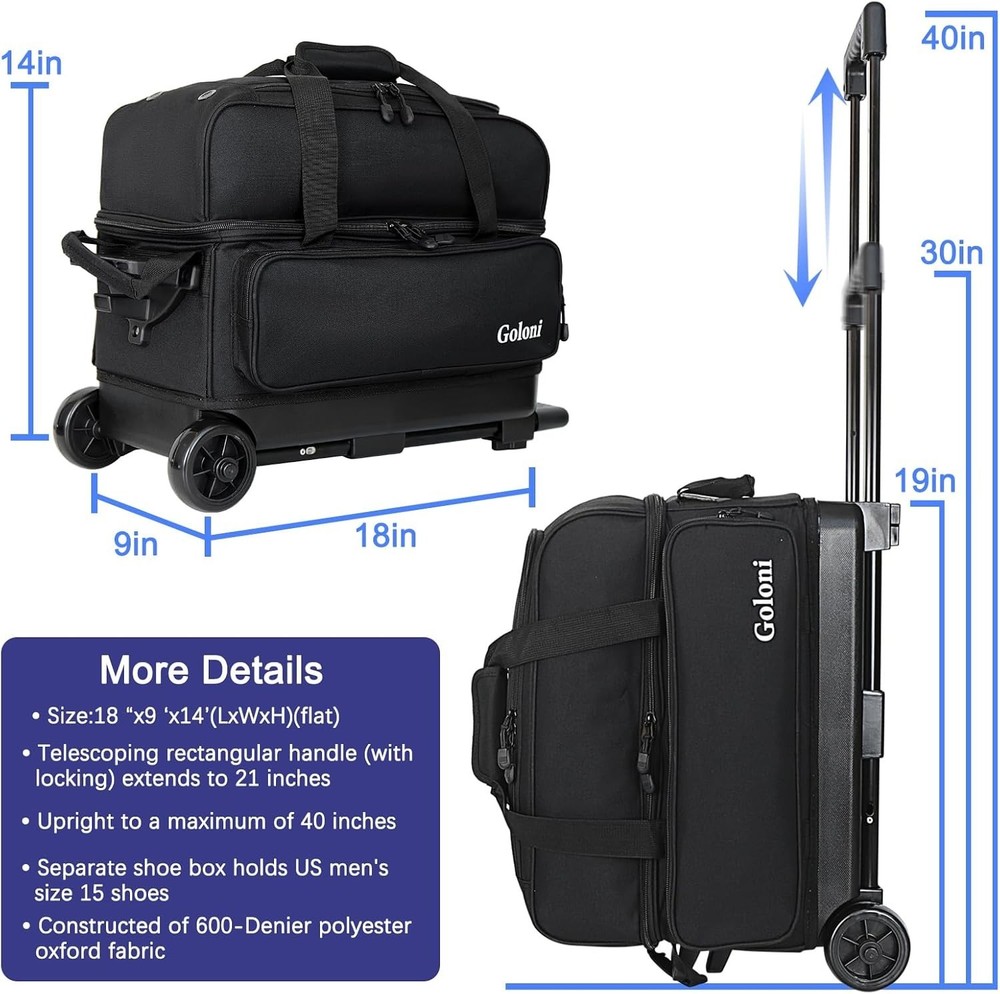 Durable 2-Ball Bowling Bag with Retractable Handle & Ventilated Shoe Compartment