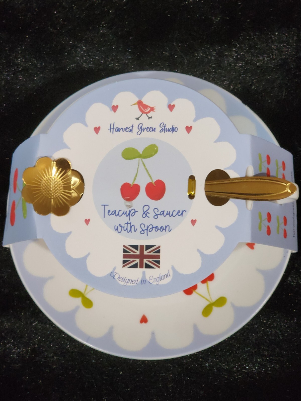 Cherry Bows Teacup & Saucer w Flower Spoon Hearts Blue Red White Lacey Cherries