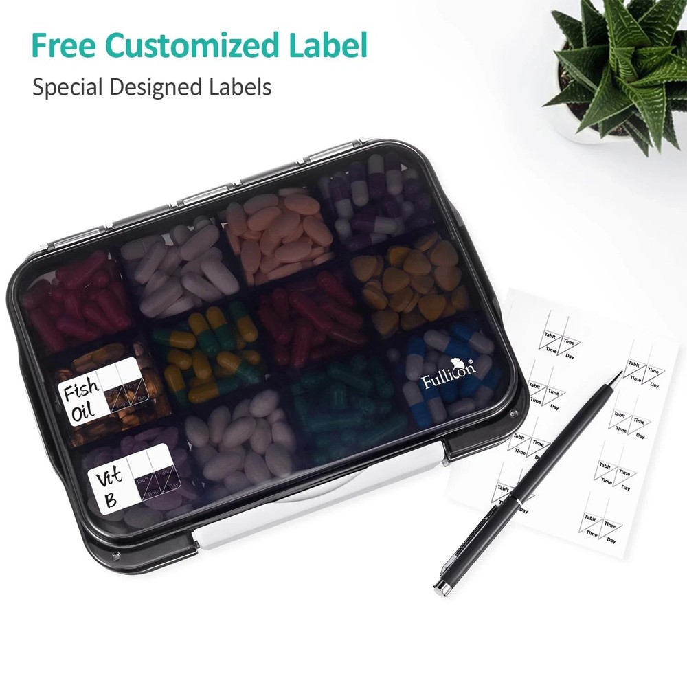 Travel Moisture Proof Pill Case with 12 Extra Large Compartment