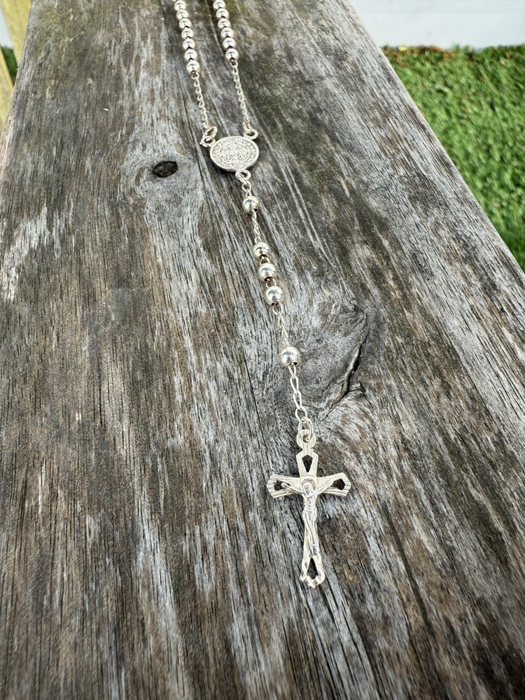 Vintage Plain Bead Rosary Real 925 Sterling Rosario