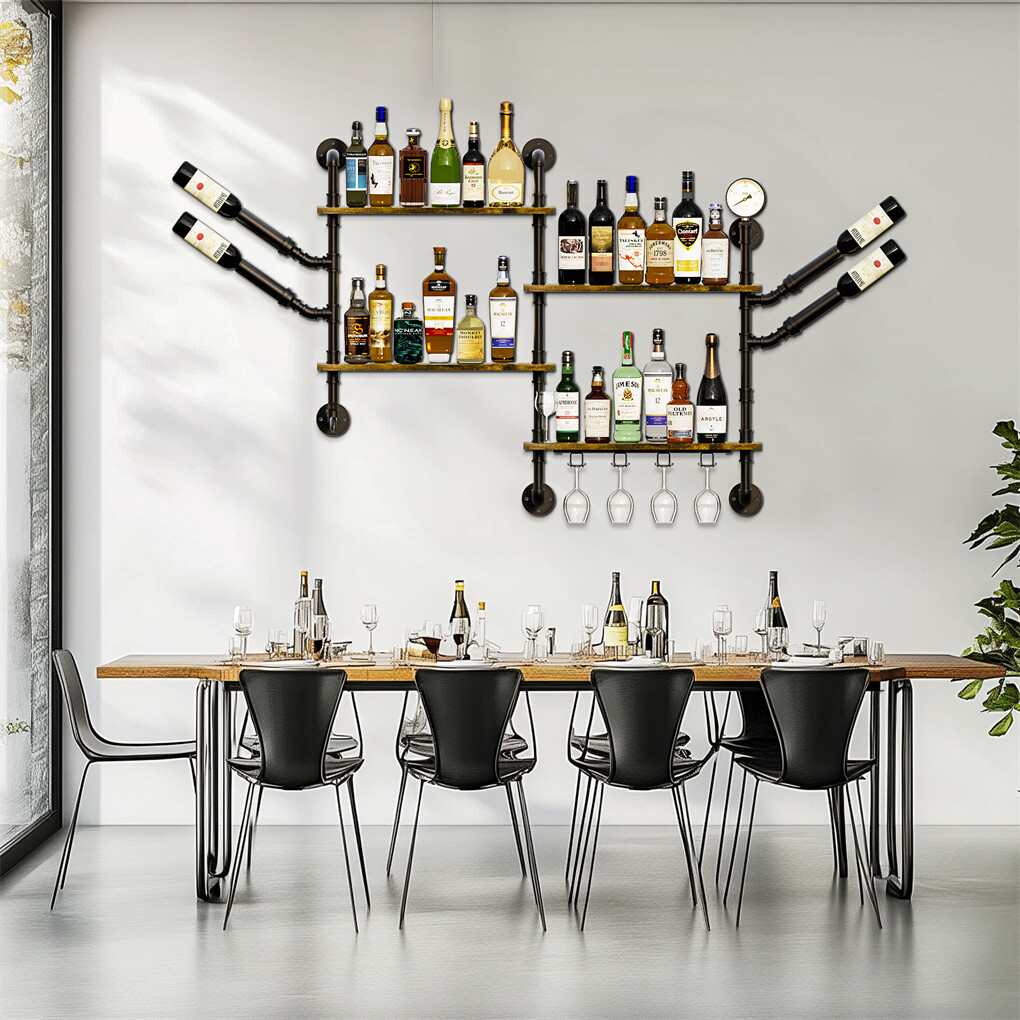 Industrial Pipe Bar Wall Liquor Shelf Floating Shelves with Wine Glass Holder