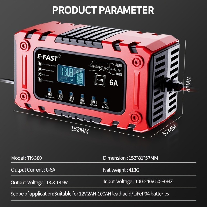 12V 6A Smart Battery Charger w/ Adapter Mode for AGM LiFePO4, Cars,Boat,Truck
