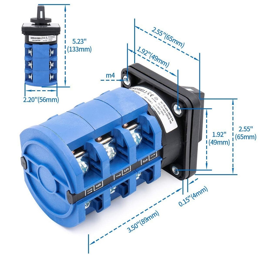 3-Position Rotary Switch - 660V 63A Panel Mount with Reliable Touch Control