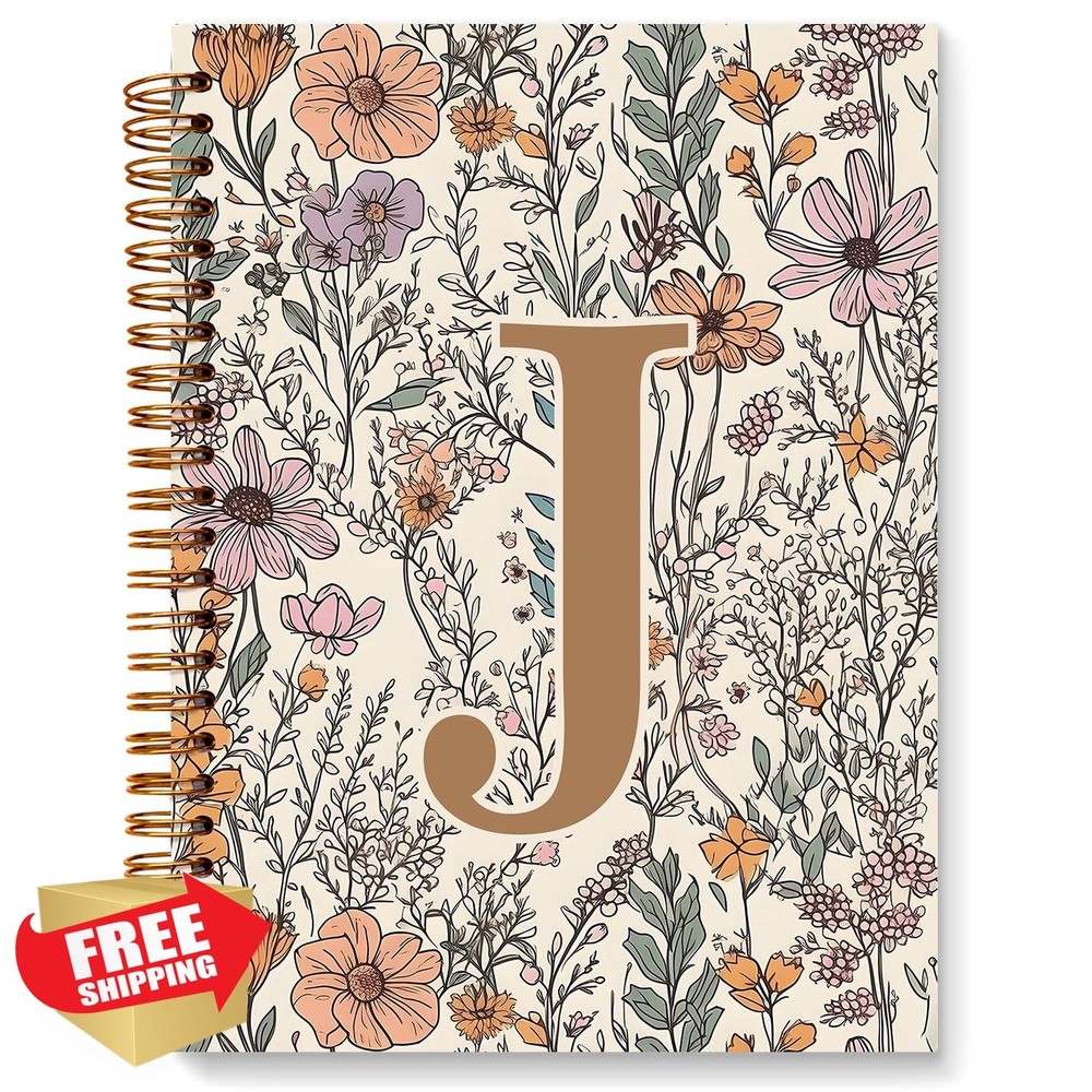 JXREQ Boho Floral Initial J Notebook Journal, Monogrammed 5.5x8.3"