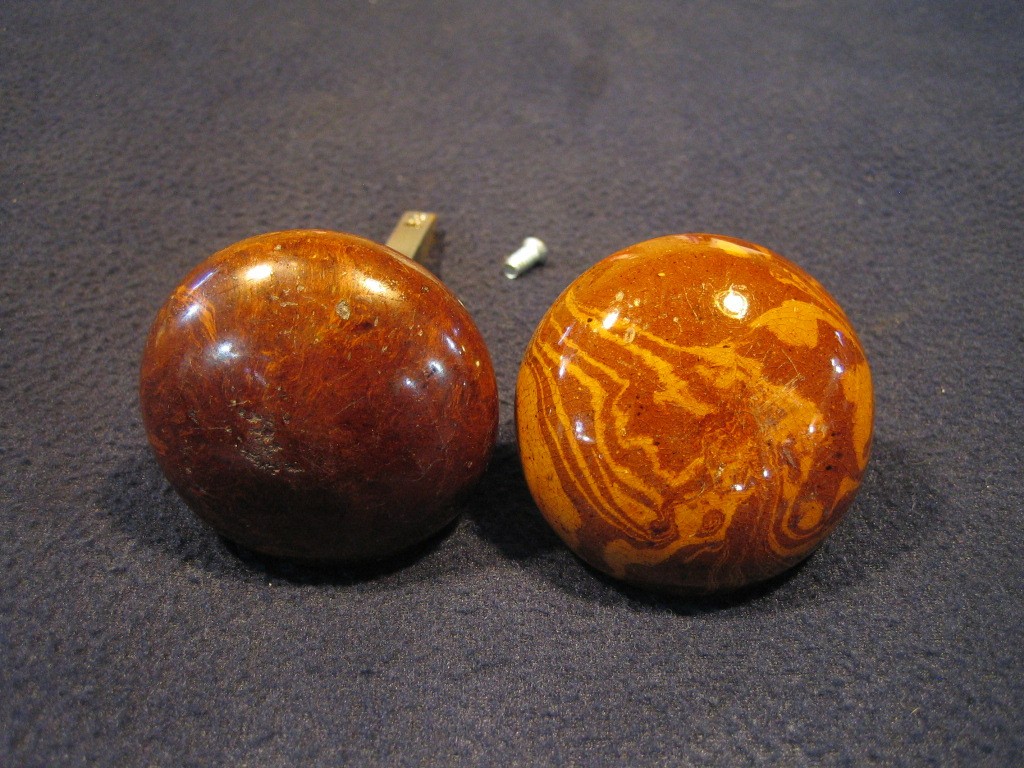 Pair Antique Brown Marble Swirl Tiger Eye Bennington Porcelain Door Knobs 1890's