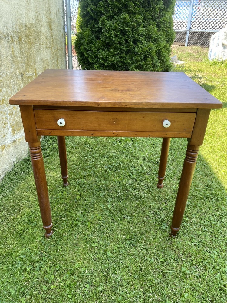 Antique Solid Maple Farmhouse Table with Drawer, Turned Legs, Rustic Desk