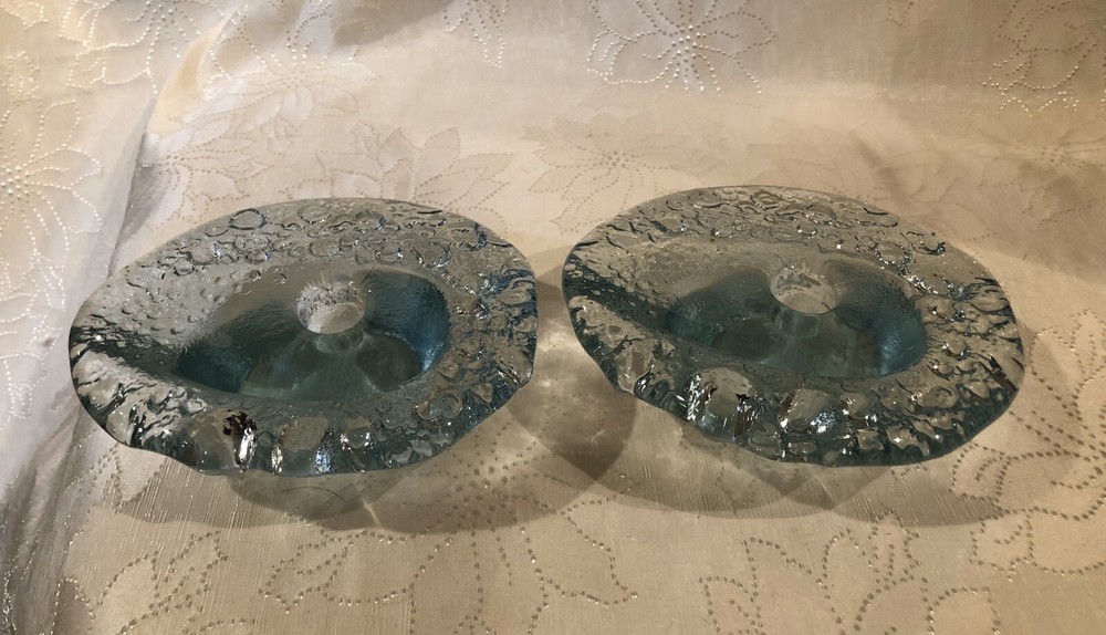 Heavy Textured Glass Candlestick Holders Light Blue