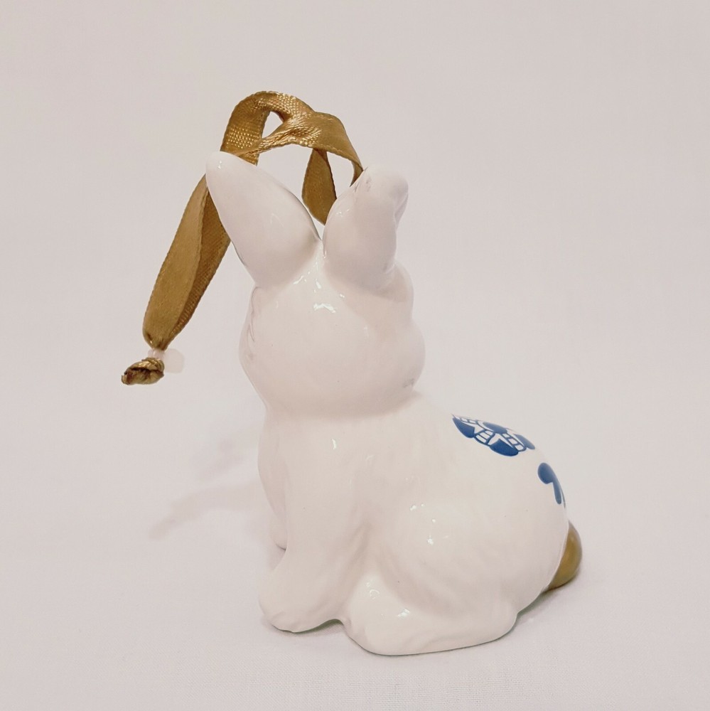 White Rabbit Blue Flower Ornament 3" Bunny Easter Ceramic
