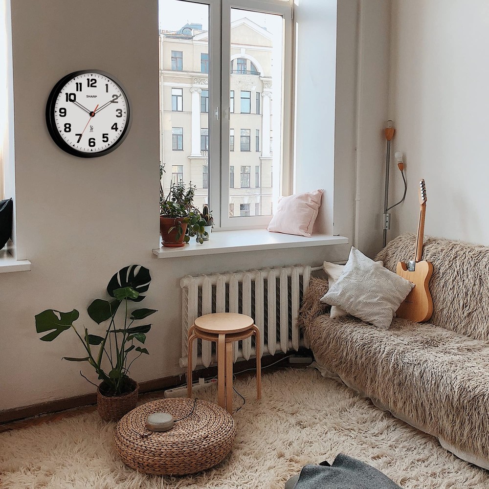 Sharp Atomic Analog Wall Clock - 12" Black Stylish Frame - Sets Automatically- B