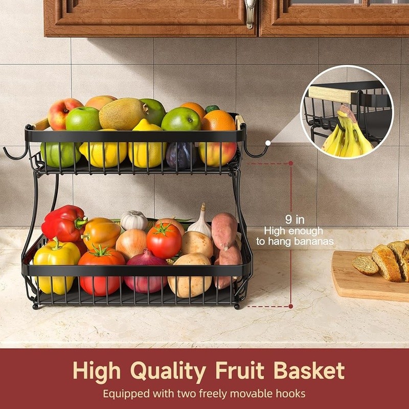 Stackable Fruit Basket W/ Banana Hooks Easy Assembly Durable Kitchen Storage New