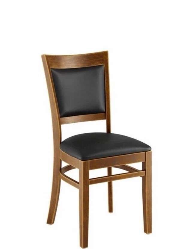 Solid Back Vintage Wood Restaurant Chair with Black Vinyl Seat & Backrest