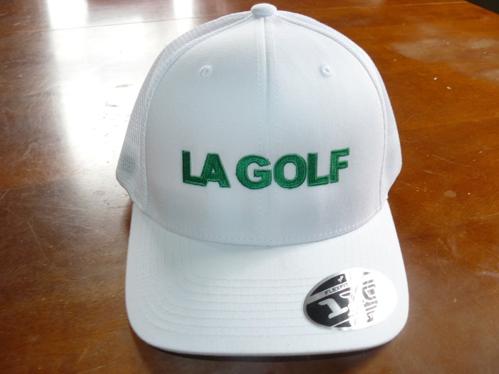 LA GOLF logo Hat, Structured, White/Green, Adjustable, Flexfit Tech 110, NWT
