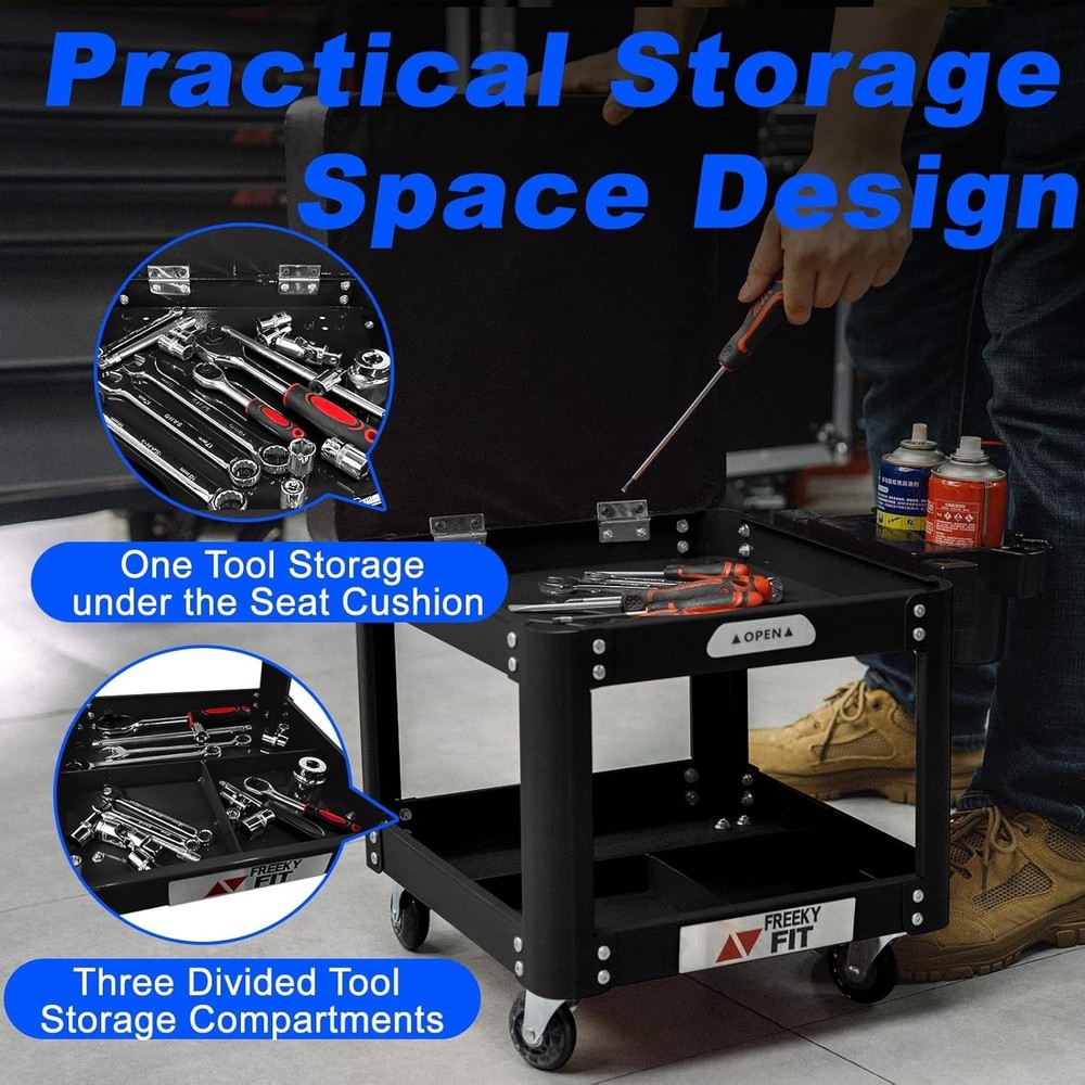Comfort & Mobility: Rolling Workshop Stool with Extra Storage - 330 LBS Capacity