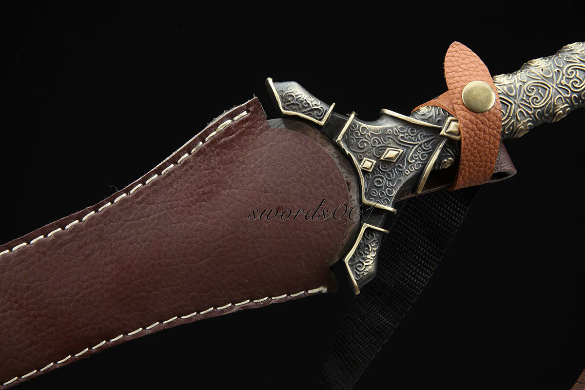 Handmade Brass Handle Short Divine Sword Damascus Steel Blade Leather Sheath