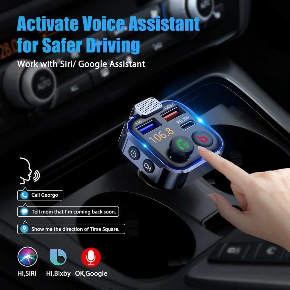 LENCENT Bluetooth 5.0 Car Wireless FM Transmitter Adapter 2 USB PD Charger