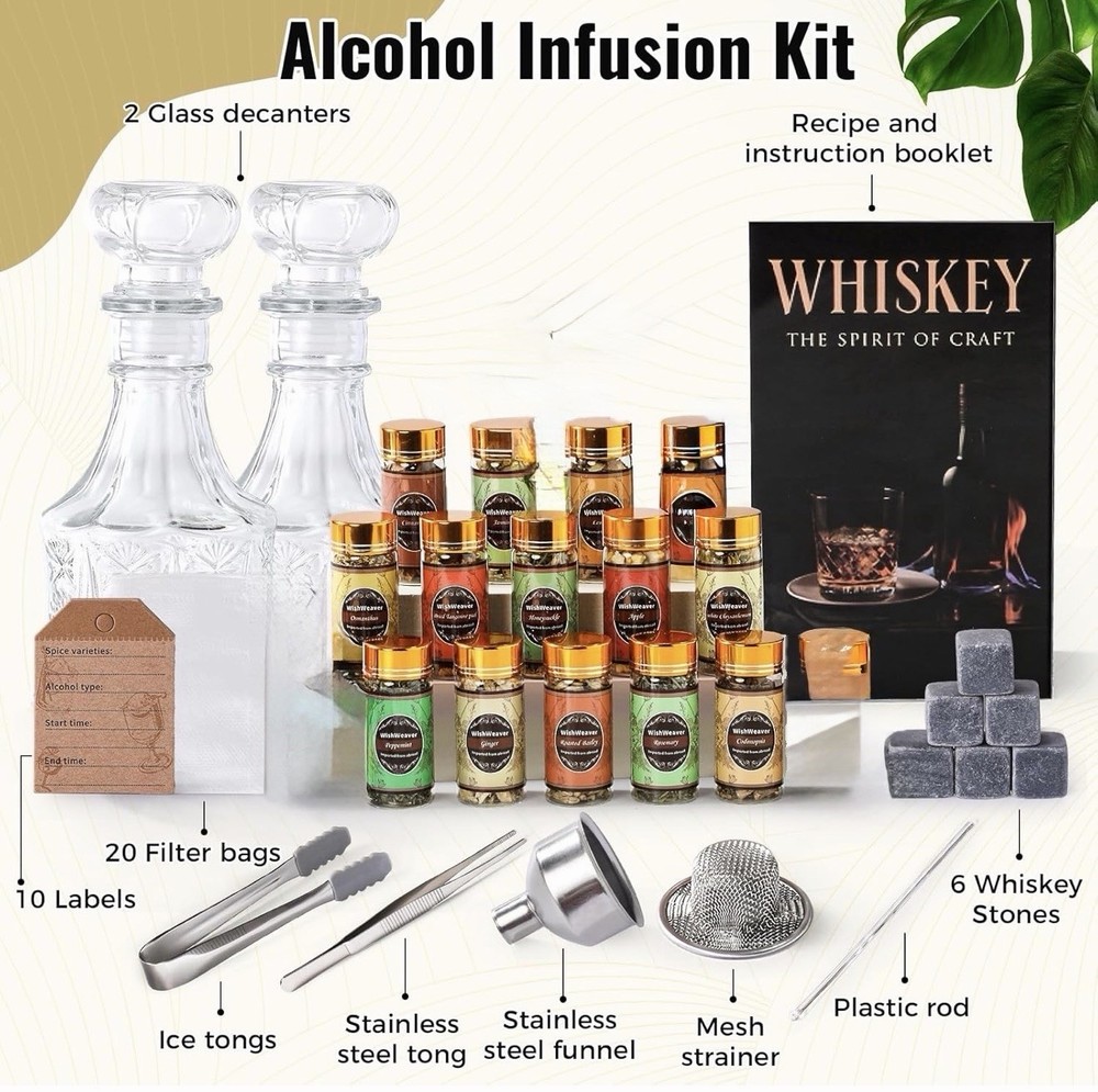 Alcohol Infusion Kit, 14Natural DIY Whiskey Making Kit for Infusing Bourbon,Rye,