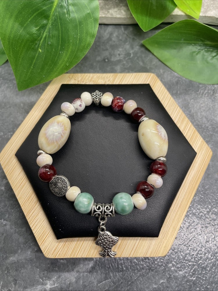 Handmade Ceramic Bead Beaded Stackable 6” Plus Stretch Bracelet New B285