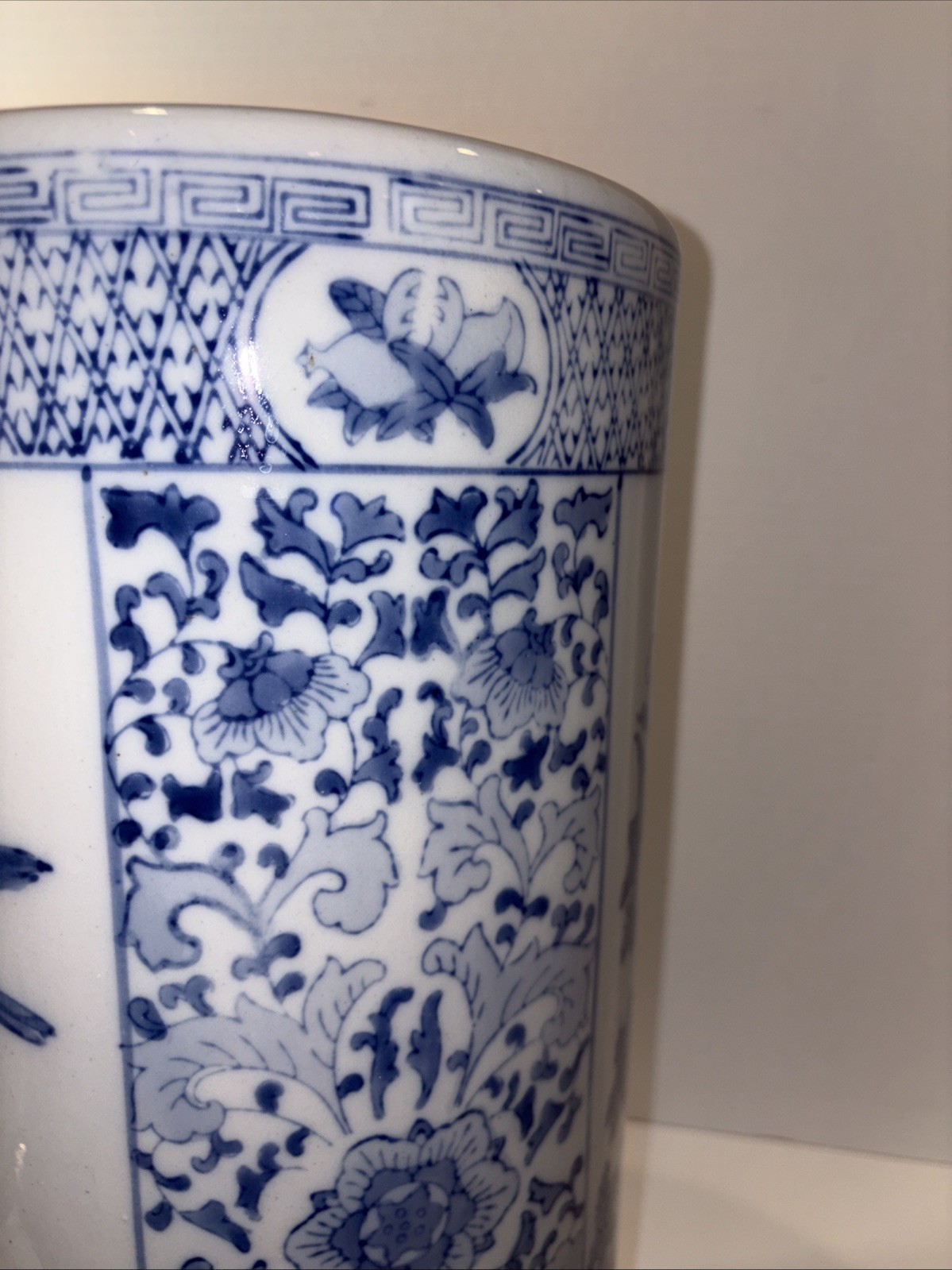 Vintage Umbrella Stand Blue and White Greek Key Chinoiserie Birds Chinese 18”