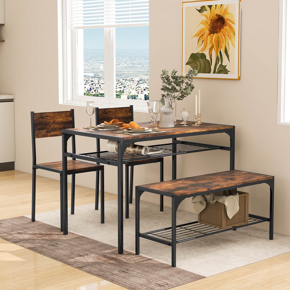 Dining Table Set for 4 Rectangular Table w/ 2 Chairs, 1 Bench, Storage Racks