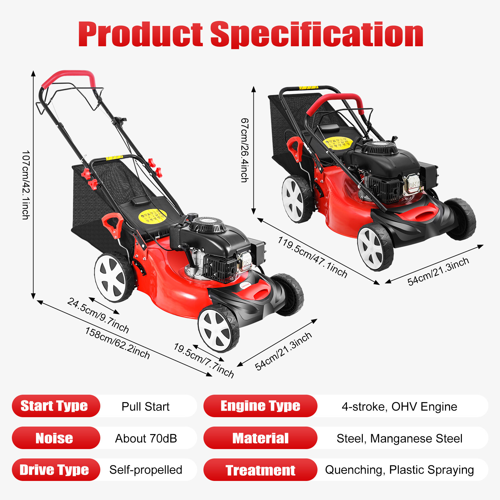 Self-Propelled Gas Powered Lawn Mower with Bagger with 4-Stroke Engine 20” 173cc