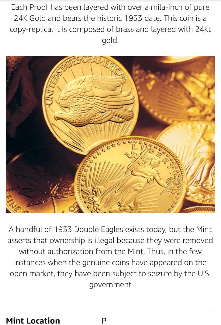#1 SAINT ST. GAUDENS American Coin Treasures 1933 P $20 Gold Double Eagle 24kt