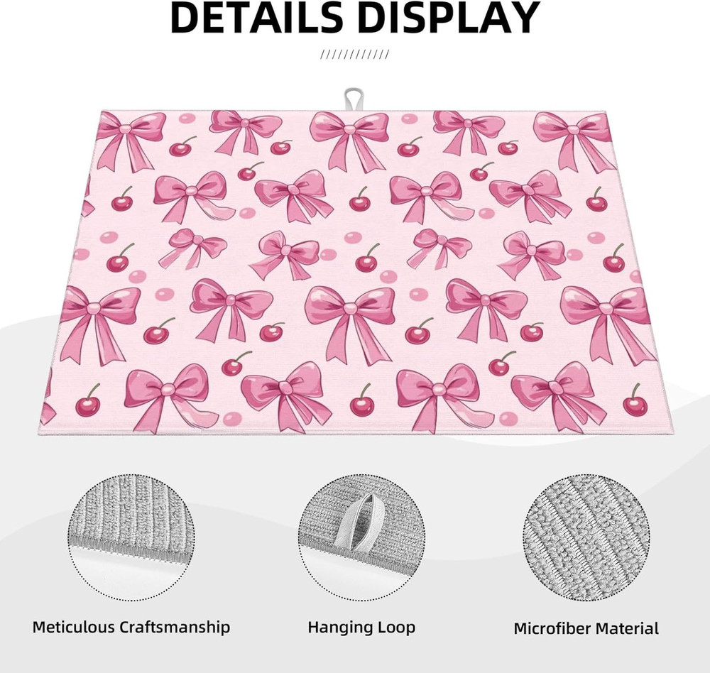Dish Drying Mat for Kitchen Pink Bow Pattern Cherry Counter Absorbent Dishes