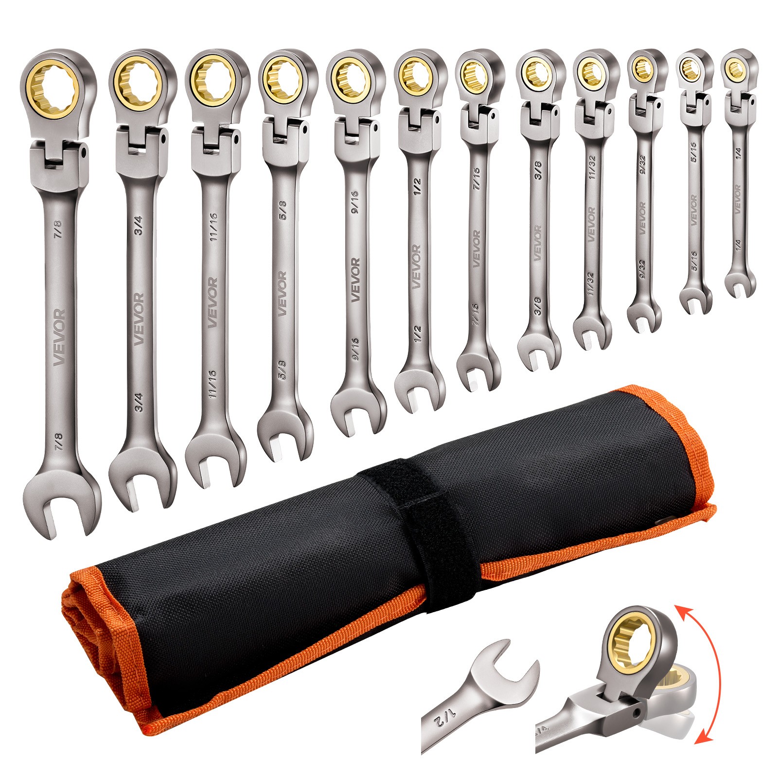 VEVOR Flex-Head Ratcheting Wrench Set Combination Wrench Set 12-Piece SAE Sizes