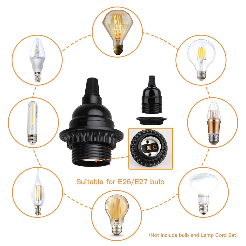 8 Pack E26 E27 Light Sockets, Black Medium Screw Base with Shade Ring, Retro ...