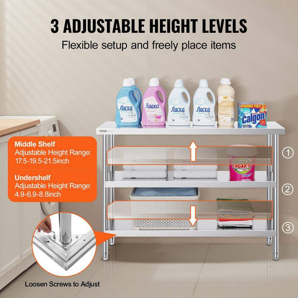 Kitchen Prep Table 14 X 48 X 34 In. BBQ Prep Table with 2 Adjustable Undershelf