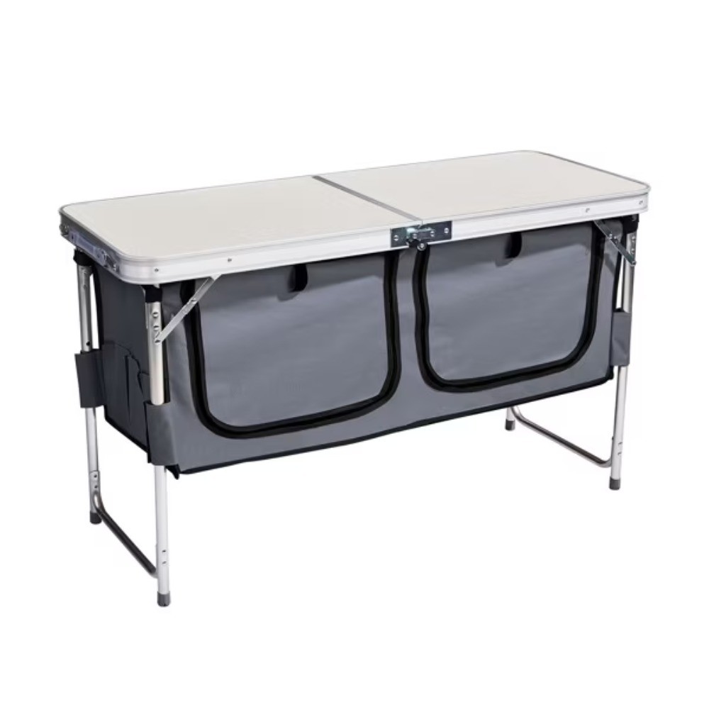 Folding Camping Table with Adjustable Heights, Storage Compartments