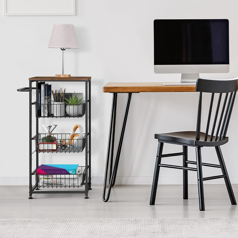 4 Tier Kitchen Storage Cart, Snack Rack Cart with Pull-Out Fruit Baskets, Mobile