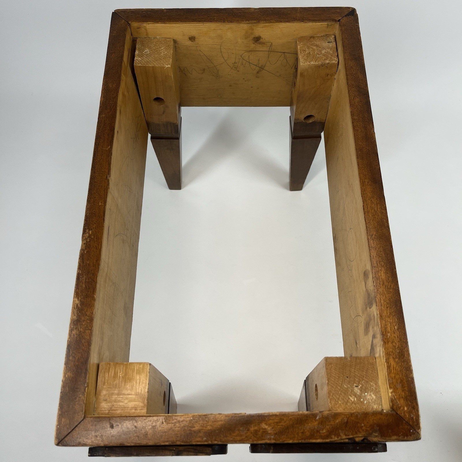 Antique Mission Style Arts & Crafts Wood Foot Stool w/ Green Damask Fabric Top