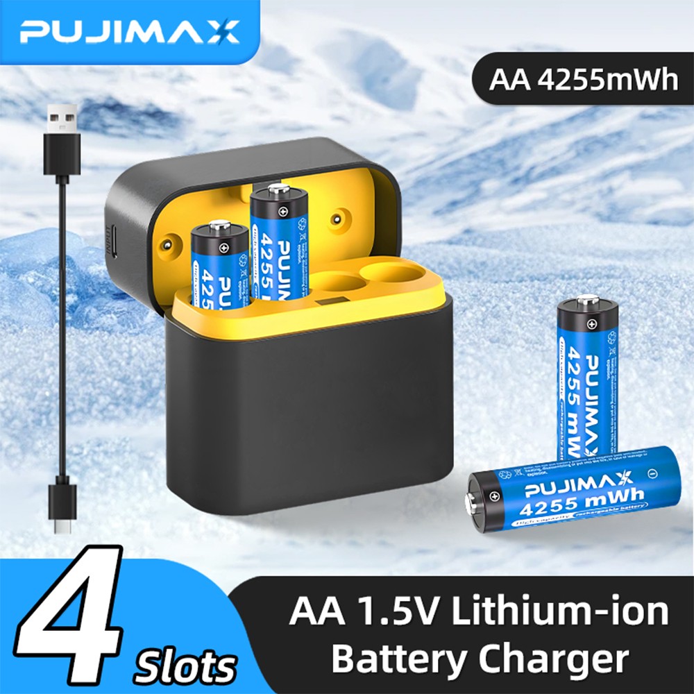 NEW 4 PCS PUJIMAX 4255mWh 1.5V AA Rechargeable Li-ion Batteries with Charing Box