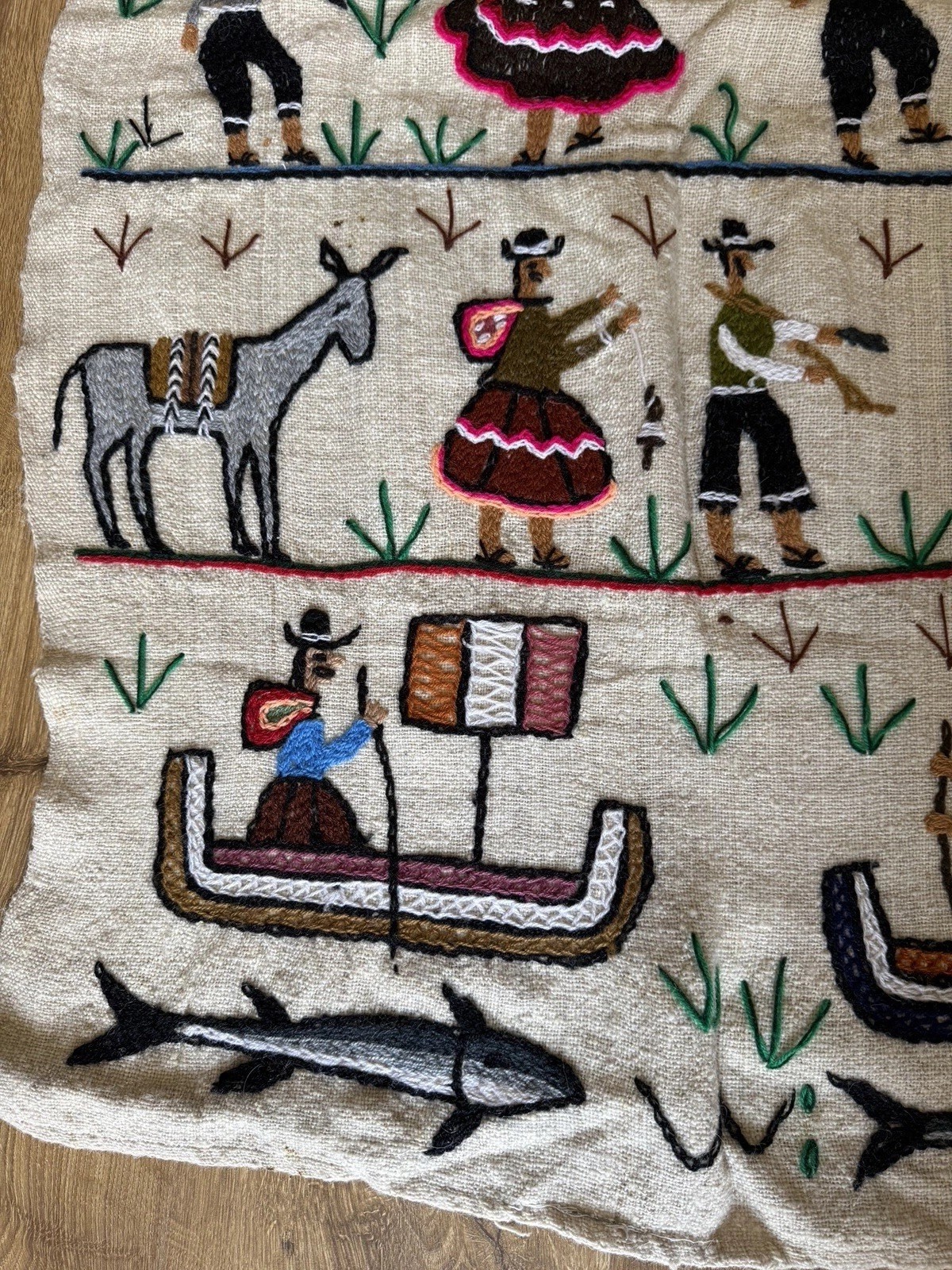 Vintage Peruvian Embroidered Wool Tapestry Wedding Celebration 39x24”