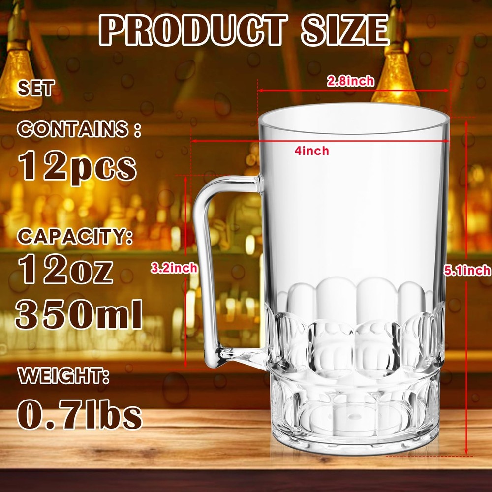 12 Pcs Clear Plastic Beer Stein Mug with Handle Shatter Resistant Large Dimpl...
