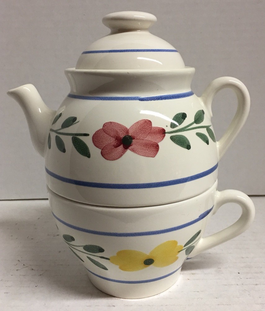 Beautiful Stackable Single Serving Tea Cup and Pot Hand Painted Made in Italy
