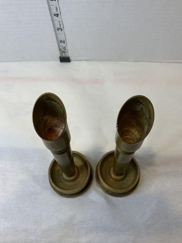 Trench Art Brass Shell Casing Candlestick Pair 6.75” Tall