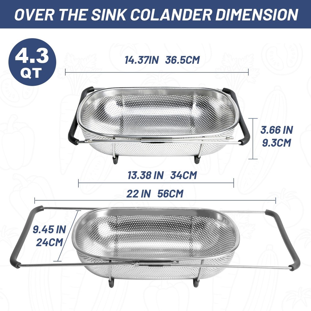 tatsyWay Over The Sink Colander Stainless Steel Oval Fine Mesh Strainer Kitchen