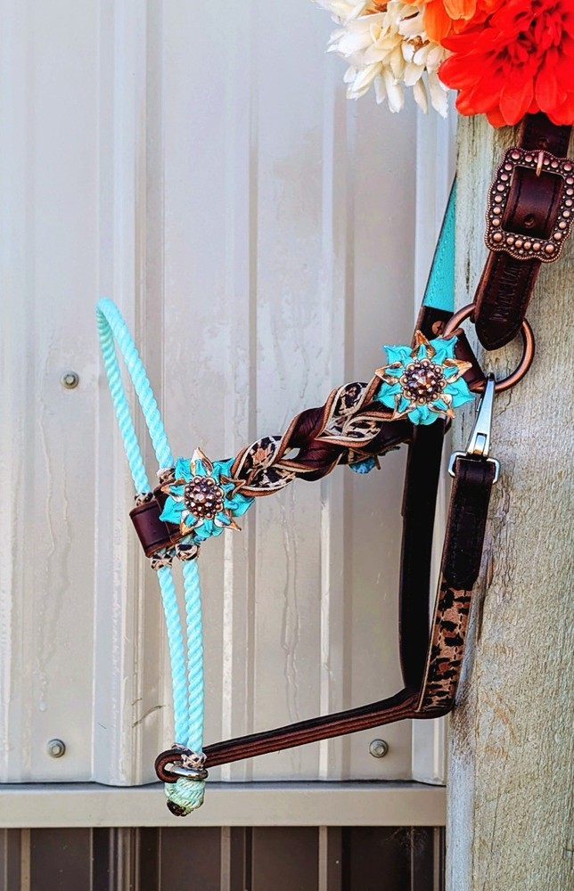 Lariat Halter Mint/Cheetah Custom Hand Made By Devine Leather