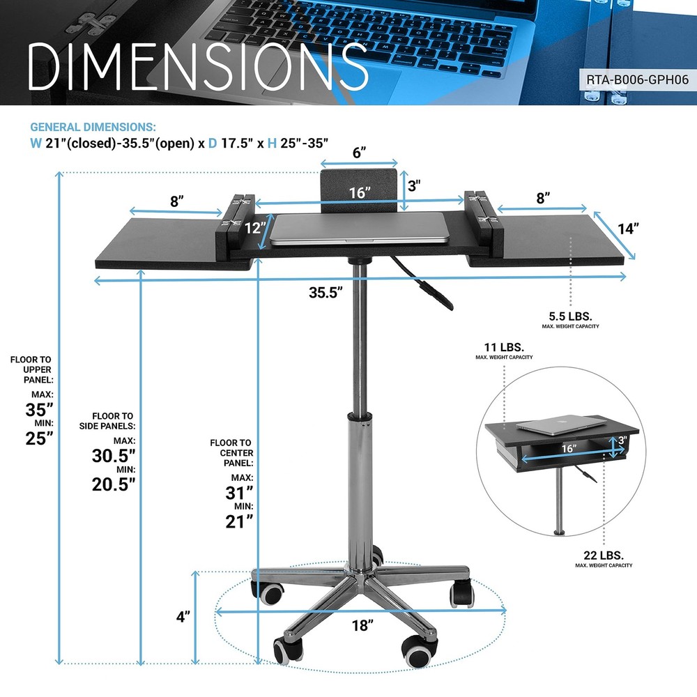Techni Mobili Rolling Laptop Stand Extendable Panels Adjustable Height