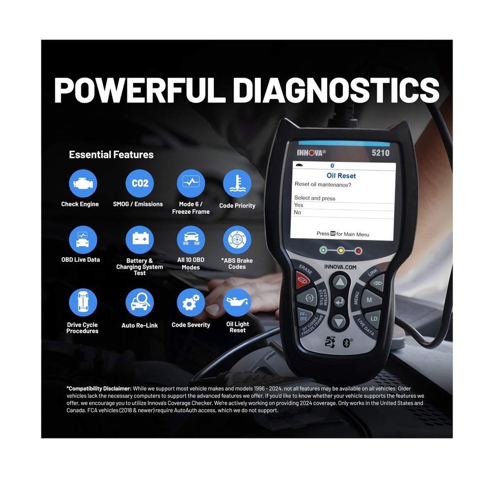Innova 5210 OBD2 Scanner & Engine Code Reader, Battery Tester, Live Data, Oil...
